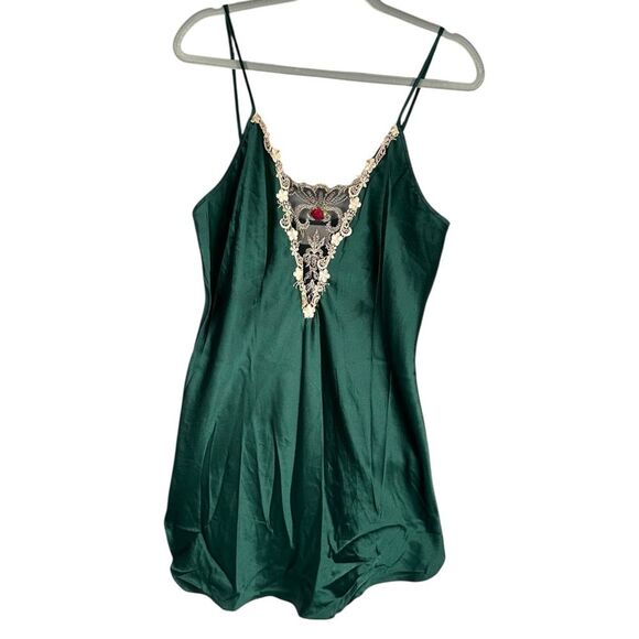 Vintage California Dynasty Emerald Green Satin Embroidery Slip Mini Dress Medium - Picture 1 of 8